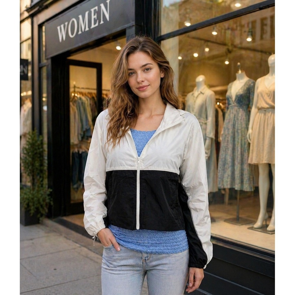 Jacket Women Medium Black and Whiteā Windbreaker